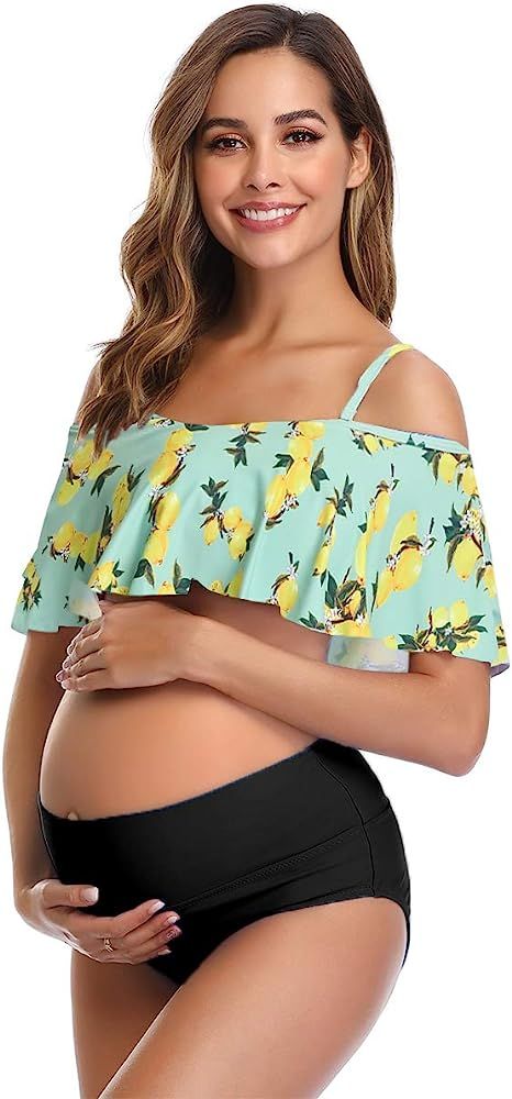 Womens Maternity Bikini Flounce Printed High Waisted Two Piece Swimsuit | Amazon (US)