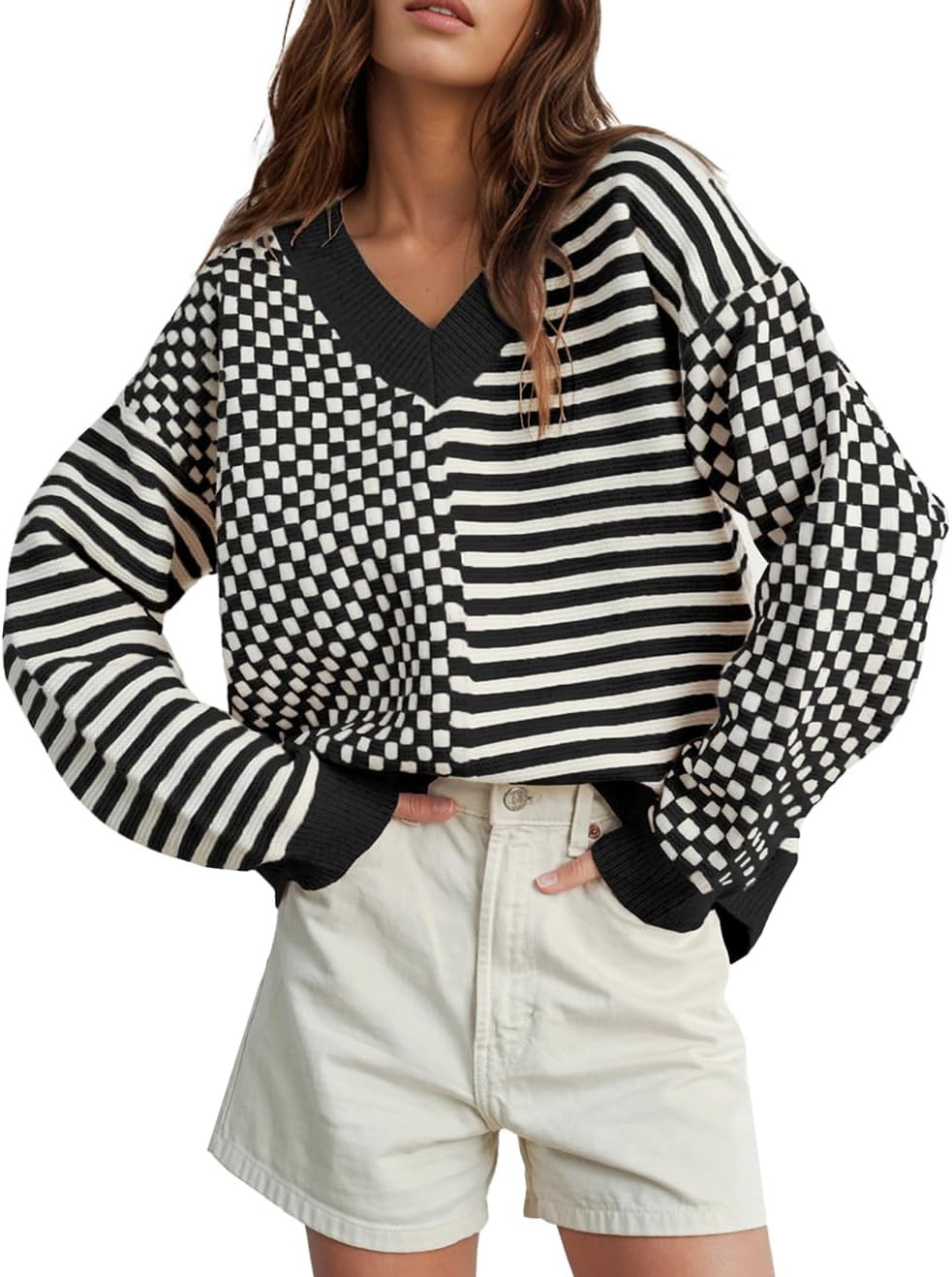 Womens Striped Checkered Sweater V Neck Fall Trendy Pullover Tops | Amazon (US)