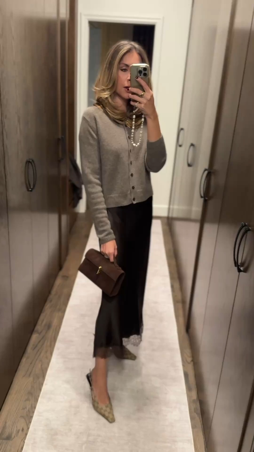 Satin lace skirt (xs) and cardigan (small) and gucci heels. Holiday looks ✨