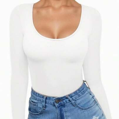 Women Basic Long Sleeve Scoop Neck Slim Fitted Soft T-Shirts | SHEIN