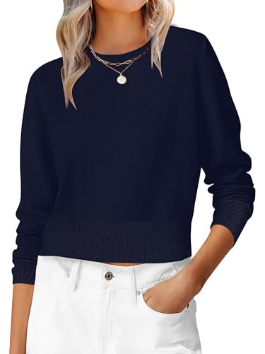 ANRABESS Women’s Long Sleeve Sweaters Cropped Crew Neck Business Casual Light Weight Sweater Tops Fall Fashion Clothes 2025 Navy Blue L | Amazon (US)