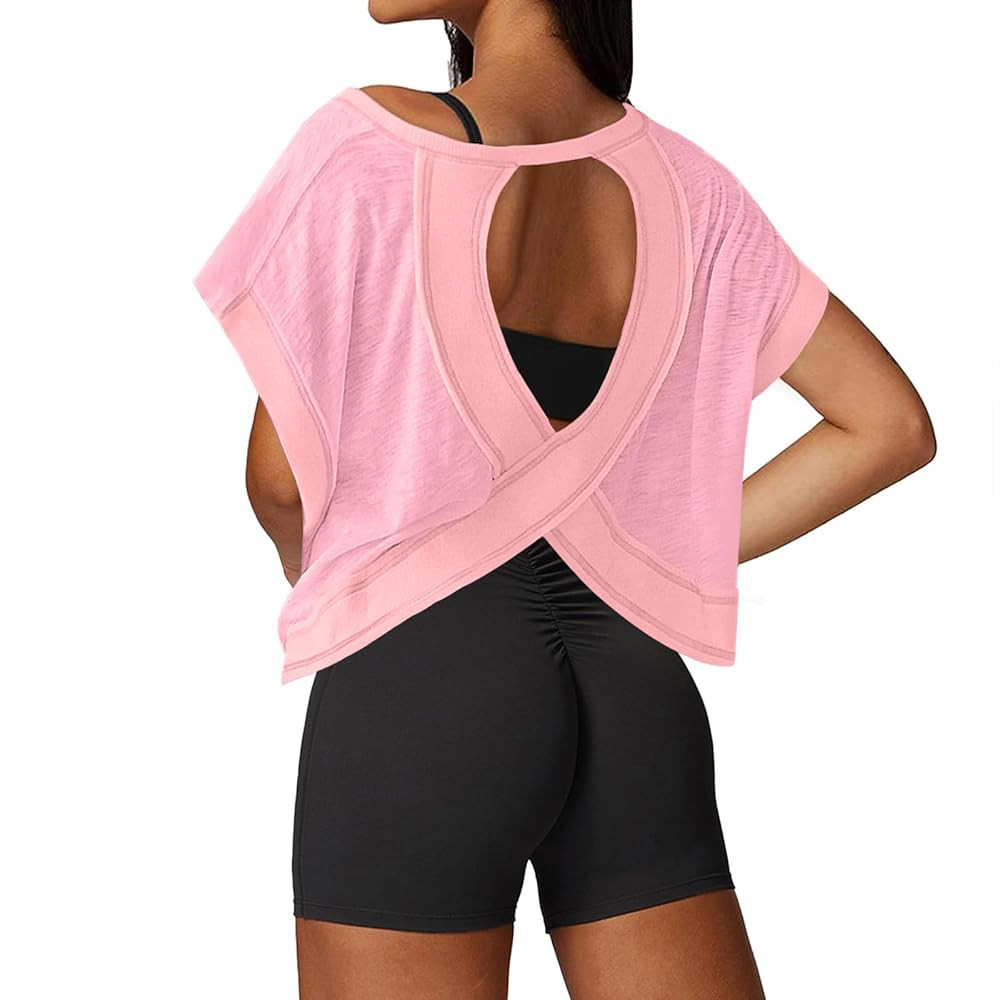 Open Back Workout Tops for Women Loose Fit Athletic Crop Tee Short Sleeve Gym Running Yoga Shirt | Amazon (US)