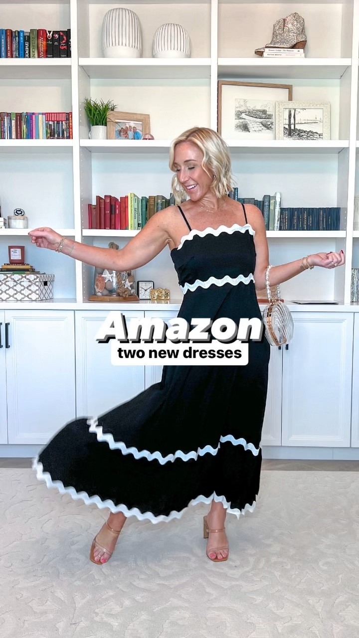 Amazon fun new dresses:
1. Floral puff sleeve dress - size medium. Open back with tie, smocked waist, and cute bubble hem.
2. Rickrack midi dress - size medium, but needed to size down. Adjustable straps, smocking in back with back zipper. 
• heels - tts.
• jean jacket - size small & has good stretch.
• set from beginning linked too (wearing a medium).
* jewelry & purses linked  

#LTKVideo #LTKSeasonal #LTKfindsunder50