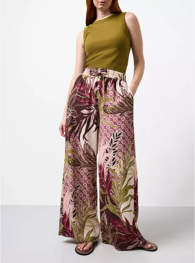 Mid Pink Palm Leaf Print Wide Leg Trousers 10 | Tu Clothing