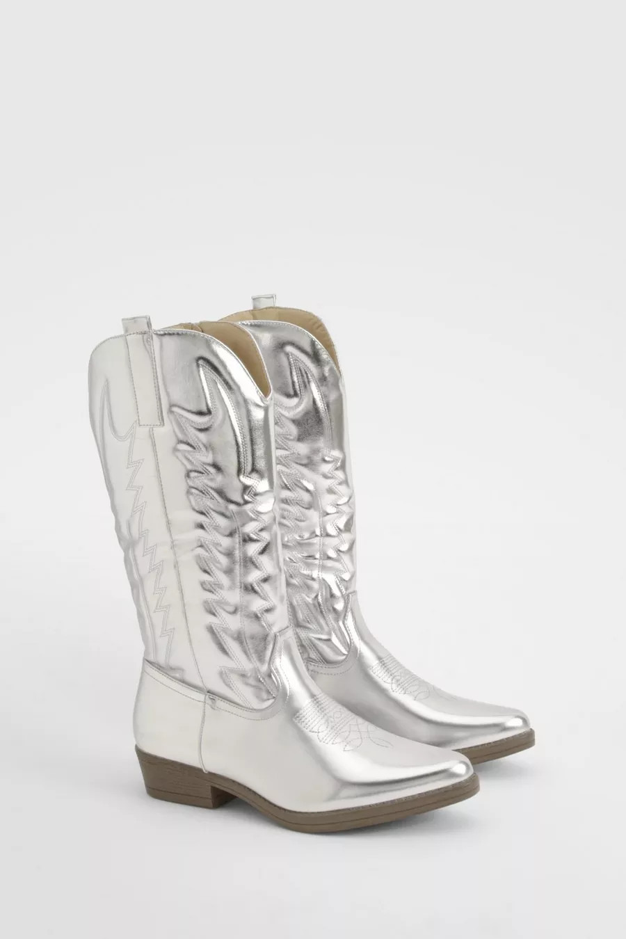 Metallic Embroidered Detail Western Cowboy Boots | Boohoo.com (UK & IE)