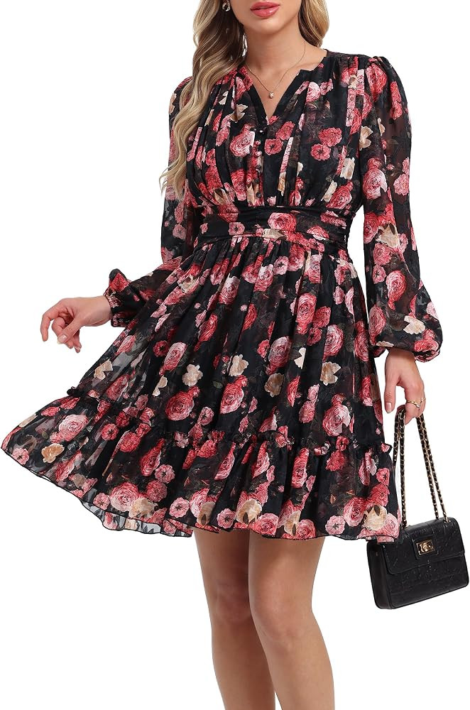 Women's Puff Sleeve Chiffon V Neck Ruffle Empire Waist Floral Dress | Amazon (US)