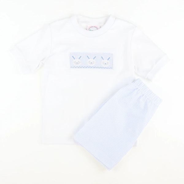 Smocked Bunny Face Shirt & Shorts Set - Light Blue Stripe Seersucker | Southern Smocked Co.