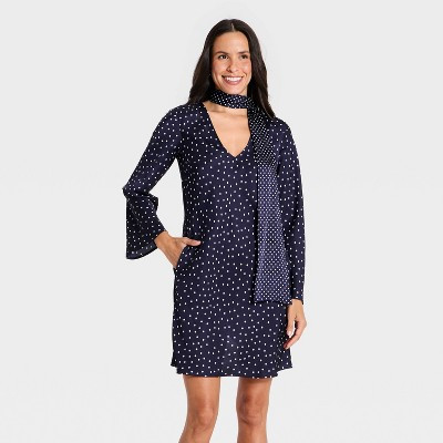 Women's Long Sleeve Scarf Printed Mini Dress - A New Day™ Navy Blue/Maroon XS | Target