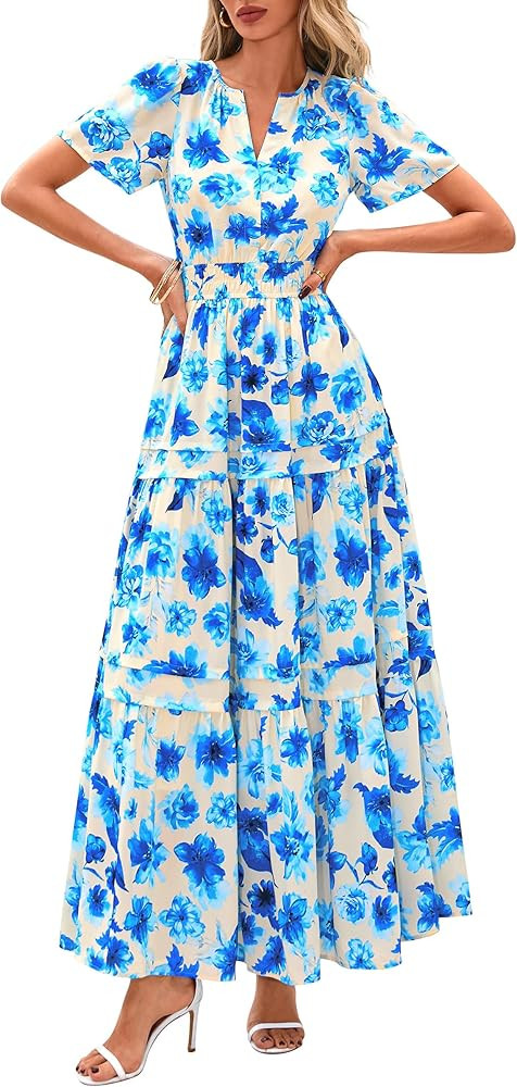 PRETTYGARDEN Women's 2026 Summer Boho Maxi Dresses Floral Short Sleeve V Neck A Line Tiered Flowy... | Amazon (US)