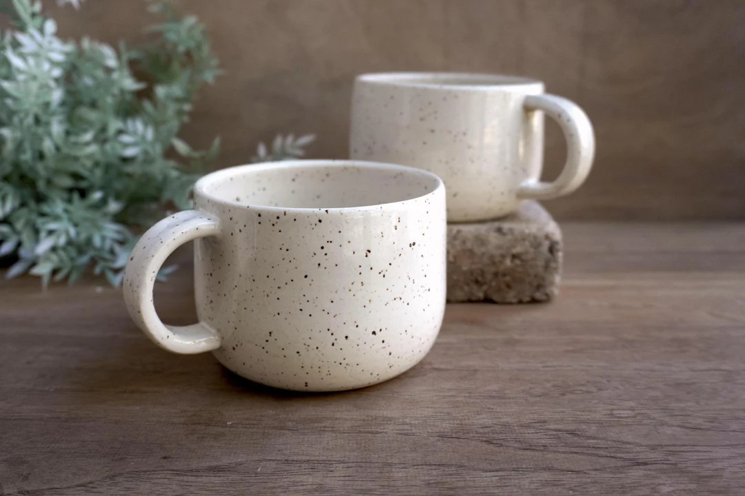 Wide White Speckled Mug Curved | Handmade Ceramic Wheel Thrown Pottery | Minimalist Mug | Rustic ... | Etsy (US)