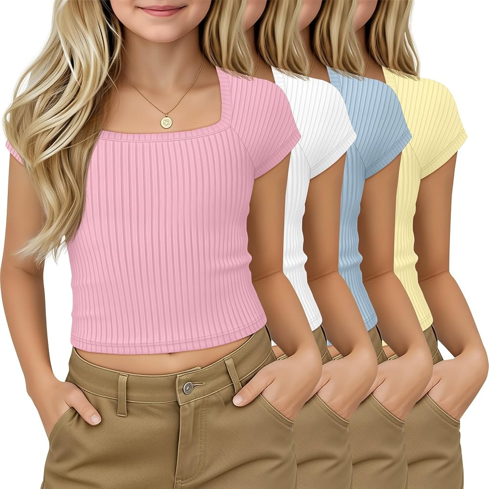 4 Pack Girls Crop Tops Ribbed Knit Short Sleeve Shirts Square Neck 5-14 Years Basic Soft Slim Fit... | Amazon (US)