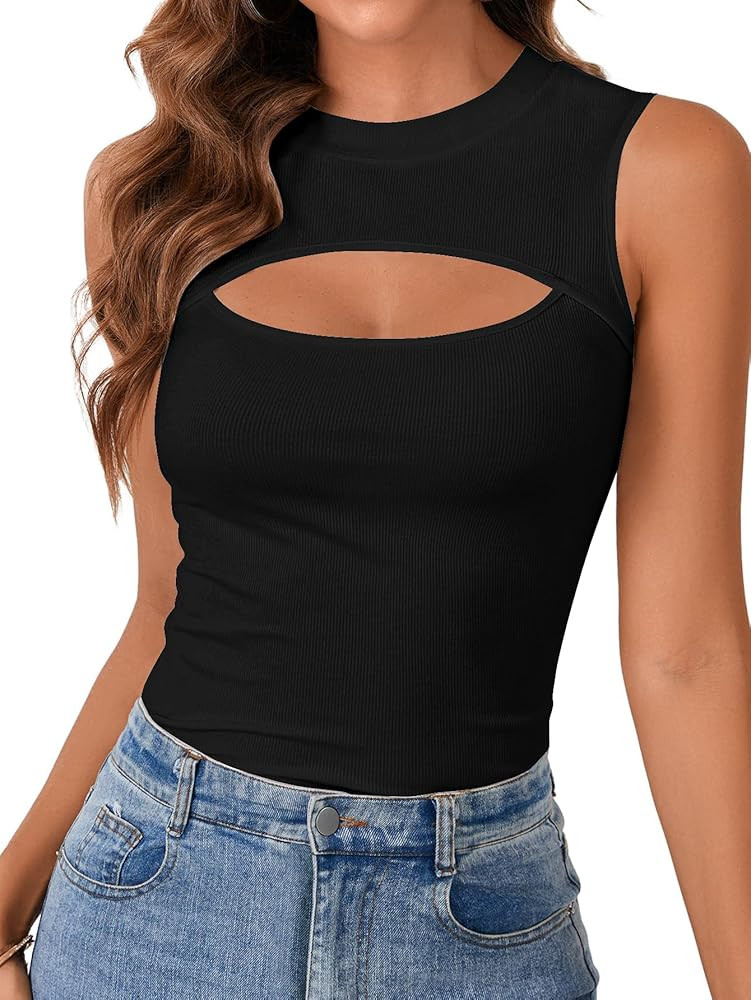 Vrtige Women's Sexy Cut Out Tank Crewneck Ribbed Knit Sleeveless Slim Fit Top Shirt | Amazon (US)
