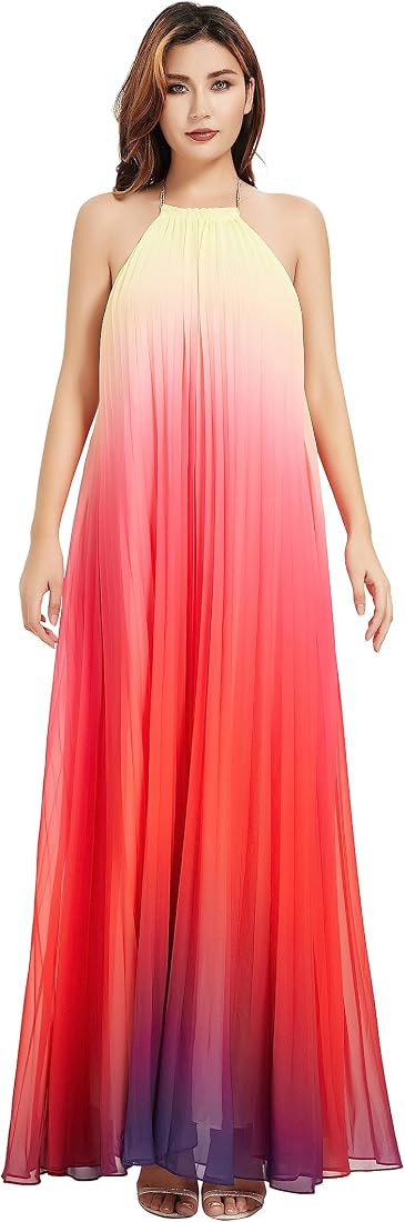 GETUBACK Women's Gradient Pleated Long Maxi Dress Chiffon Sexy Loose Summer Beach A-line Backless... | Amazon (US)