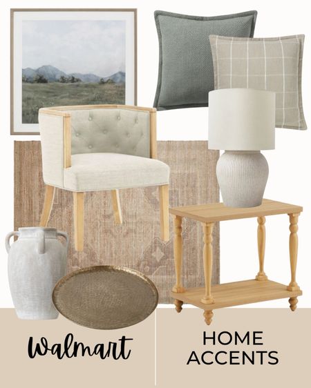 Walmart home accents including, accent chair, rug, accent table, table lamp, gold tray, vase, throw pillows, wall art, neutral home, affordable home 

#LTKHome #LTKFindsUnder50 #LTKFindsUnder100