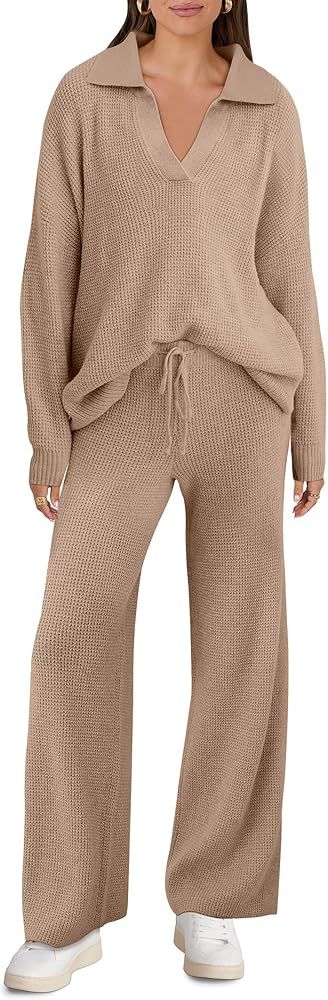 ANRABESS Womens Two Piece Outfits Sweater Sets Waffle Knit Pullover Wide Leg Pants Tracksuit Swea... | Amazon (US)