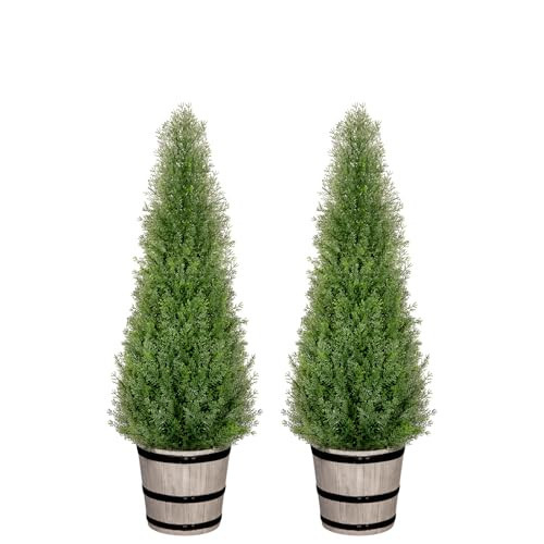 VIVATREES 3FT Artificial Cedar Topiary Trees with Rustic Barrel Planter, Outdoor Indoor Realistic Faux Pine Shrubs Plants, Fake Cypress Trees for Home Offices Porch Decor, Set of 2 | Amazon (US)