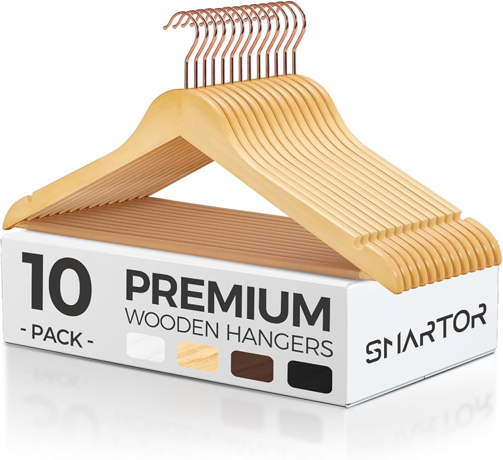 Smartor Wooden Hangers 10 Pack, Durable Coat Hanger Wood Hangers with Bar, Premium Suit Hangers f... | Amazon (US)