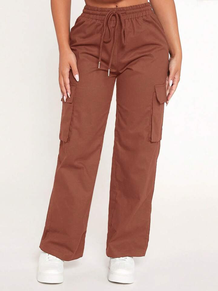 SHEIN PETITE Drawstring Waist Flap Pocket Side Cargo Pants | SHEIN