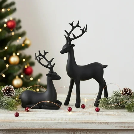 AUHomi 2 Pcs Christmas Resin Sitting Standing Deer Statue, Creative Deer Decorations for Mantel Fireplace Table Centerpieces, Rustic Christmas Home Decor Statue, Small Reindeer Sculpture (Black) | Walmart (US)
