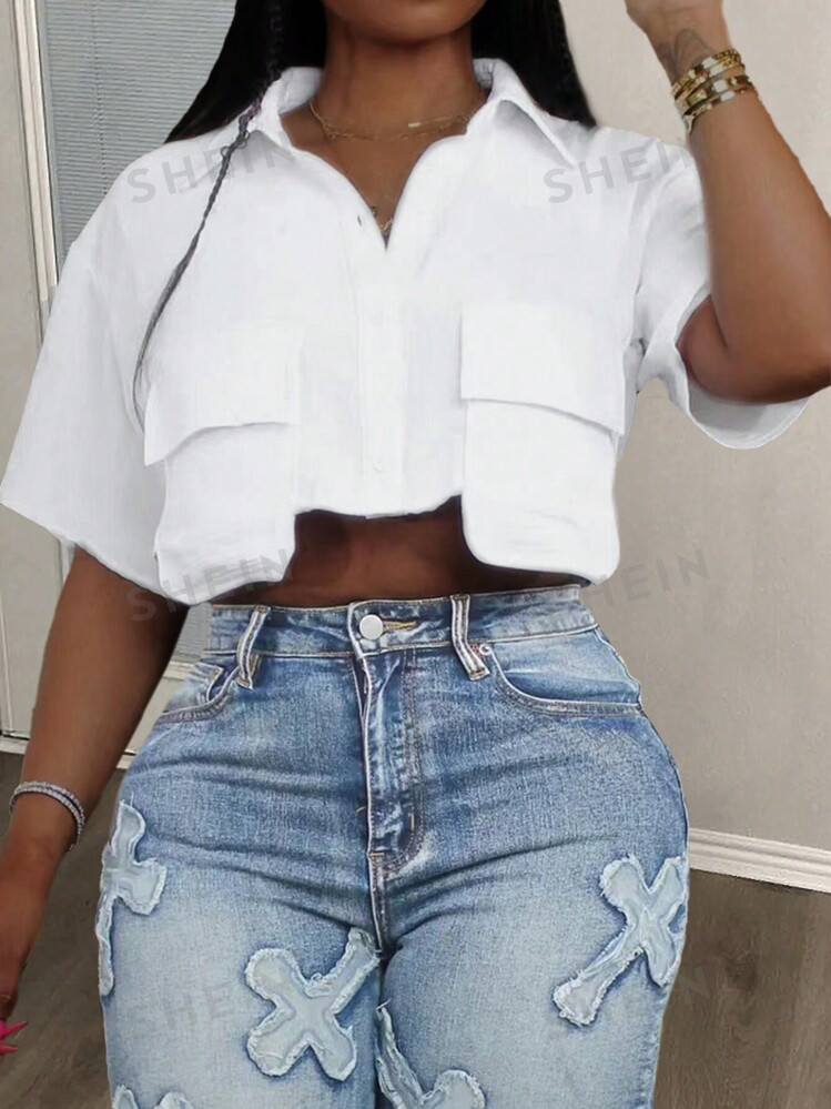 SHEIN Slayr Casual White Polo Collar Shortened Workwear Short Sleeve Women's Blouse With Pockets,... | SHEIN