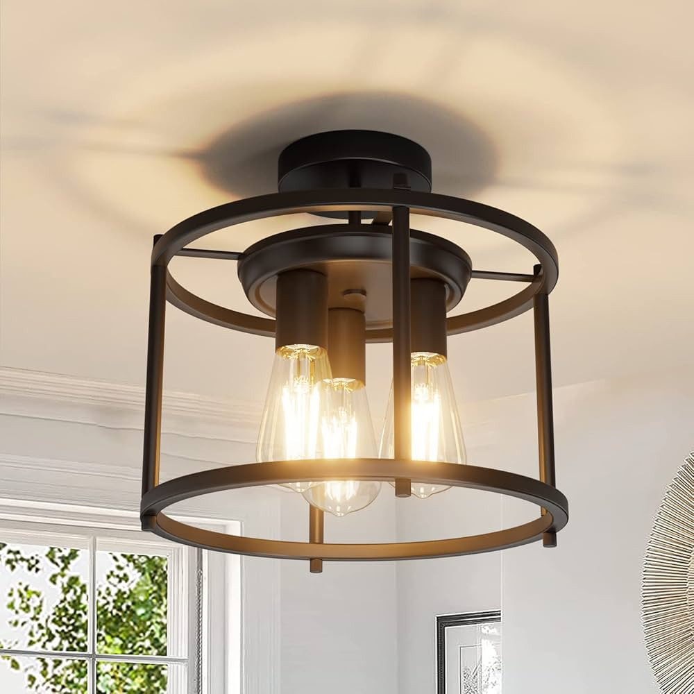 Farmhouse Semi Flush Mount Ceiling Light Fixture Black Industrial Kitchen Ceiling Light Rustic Vi... | Amazon (US)