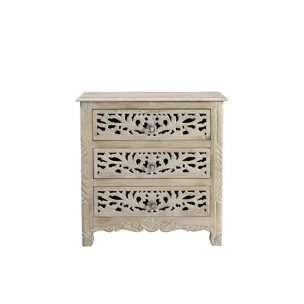 Taran Designs Monte Floral Carved 3-Drawer Wood Nightstand in Distressed White - Walmart.com | Walmart (US)