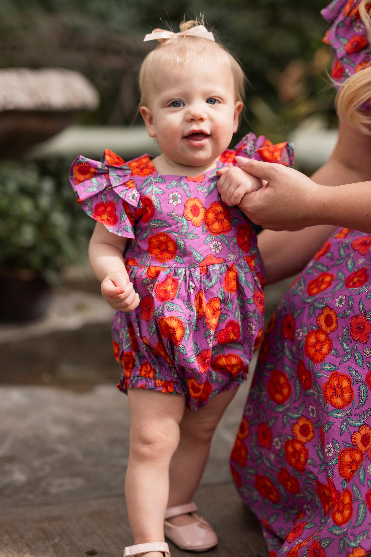 Baby Hattie Romper in Thistle Flower Poppy Woodblock | Ivy City Co