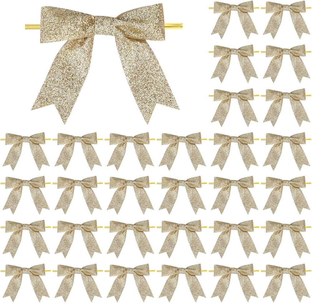 30 Pieces 3 Inch Premade Metallic Gold Glitter Christmas Bows with Twist Tie Pretied Xmas Ribbon ... | Amazon (US)
