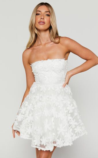 Rheiva Mini Dress - Strapless 3D Embroidery Dress in White | Showpo (US, UK & Europe)