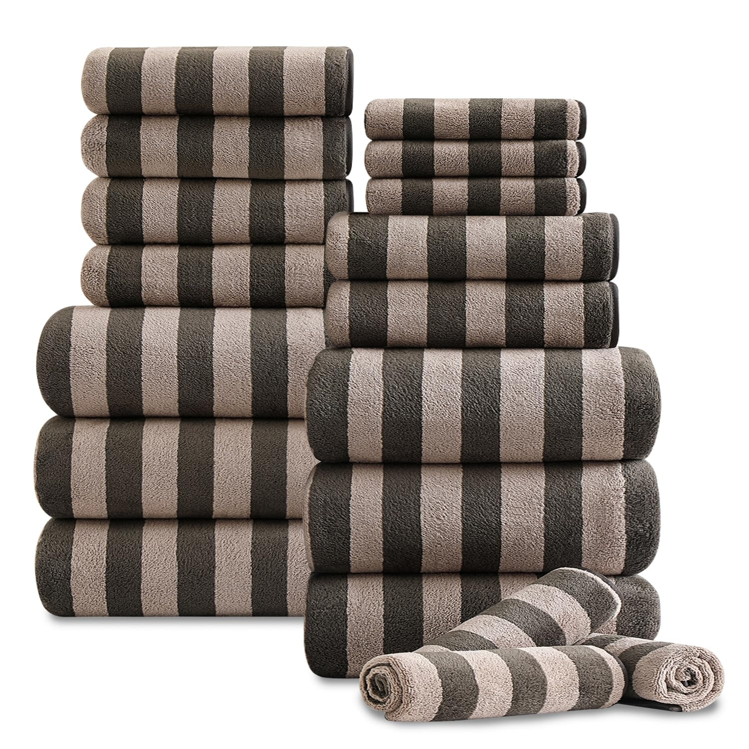 18 Pcs Brown Cabana Stripe Family Towels Set with Hanging Loop-6 Bath Sheets,6 Hand Towels,6 Wash... | Amazon (US)