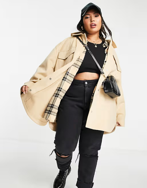 ASOS DESIGN Curve hooded brushed shacket in camel | ASOS (Global)