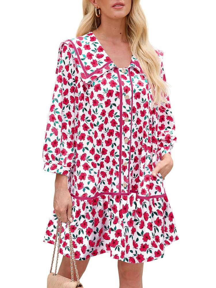 Wenrine Womens Casual Shirt Dresses 3/4 Long Sleeve Floral Button Down Flowy Babydoll Fall Mini D... | Amazon (US)