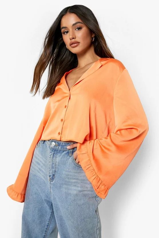 Satin Flare Sleeve Boxy Shirt | Boohoo.com (US & CA)