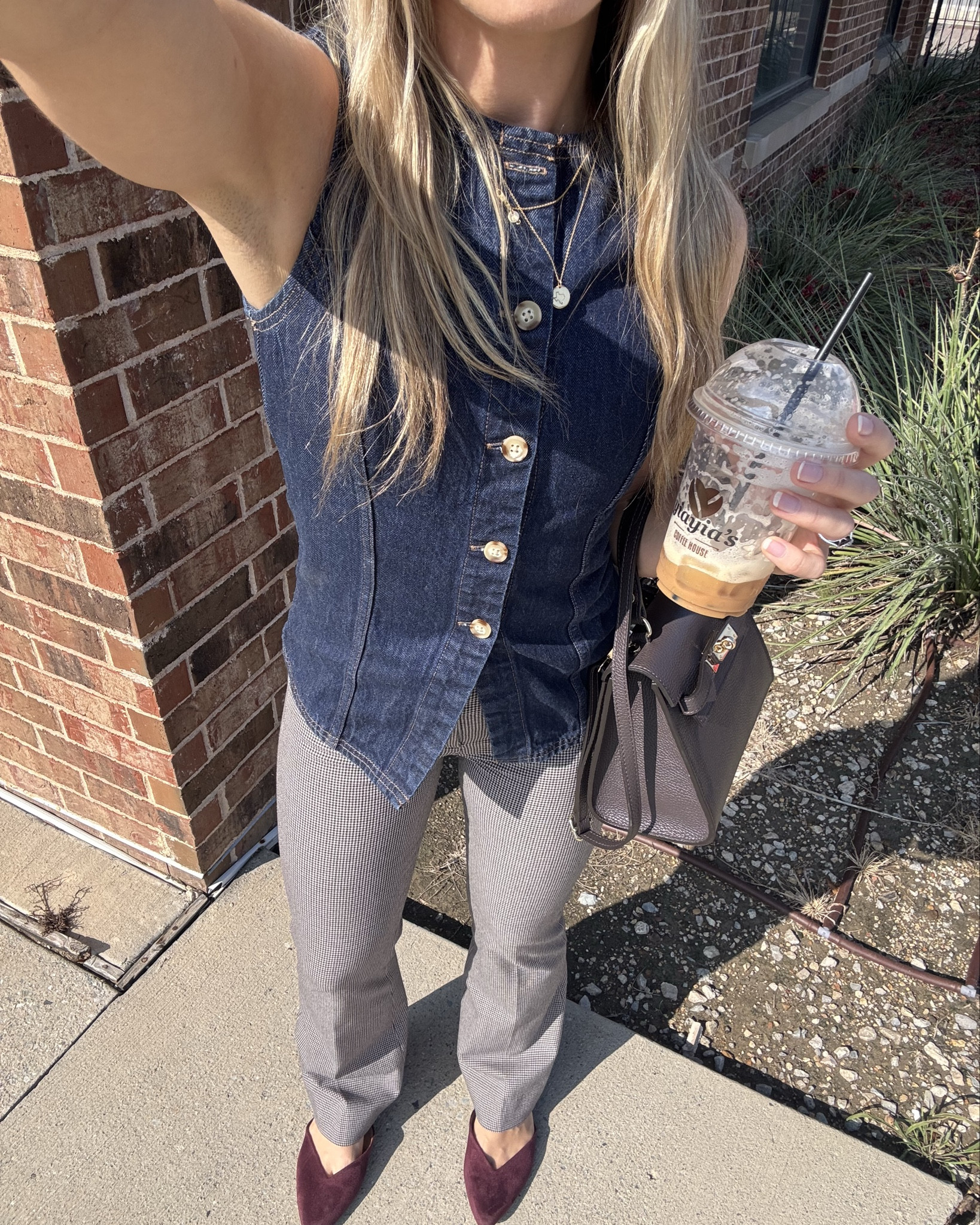 OOTD 💞

Vest: XXS
Pants: 00/24 Short
Shoes: 8 (tagged exact shoe in diff pattern/color)
Bag: Italy pavilion @ Epcot, FL (Vera Pelle Brand) 

Abercrombie & Fitch, hounds tooth pattern, denim, jean shirt, mules, dv, burgundy flats, mom fit, brown bag, purse, outfit of the day, boot cut pants 


#LTKPetite #LTKFindsUnder100 #LTKSaleAlert