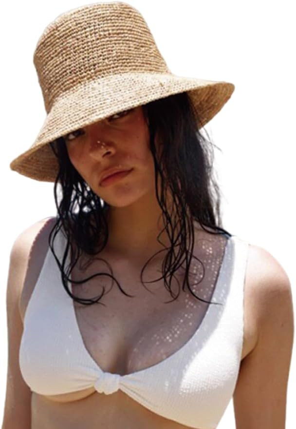 Women's Raffia Straw Bucket Hat Natural Raffia Beach Hat Handmade Woven Foldable Sun Hats Summer ... | Amazon (US)