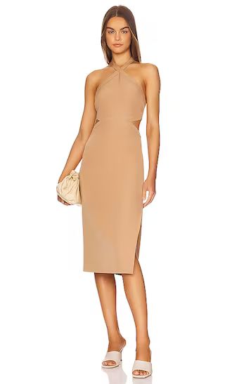 Amara Halter Midi Dress in Beige | Revolve Clothing (Global)