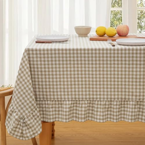 KKJIAF Taupe Gingham Tablecloth 52 x 70 Inch, Cotton Plaid Tablecloth with Ruffle Edge Design, Linen Feel Classic Farmhouse Checkered Table Cover for Kitchen Parties Living Room Decoration | Amazon (US)