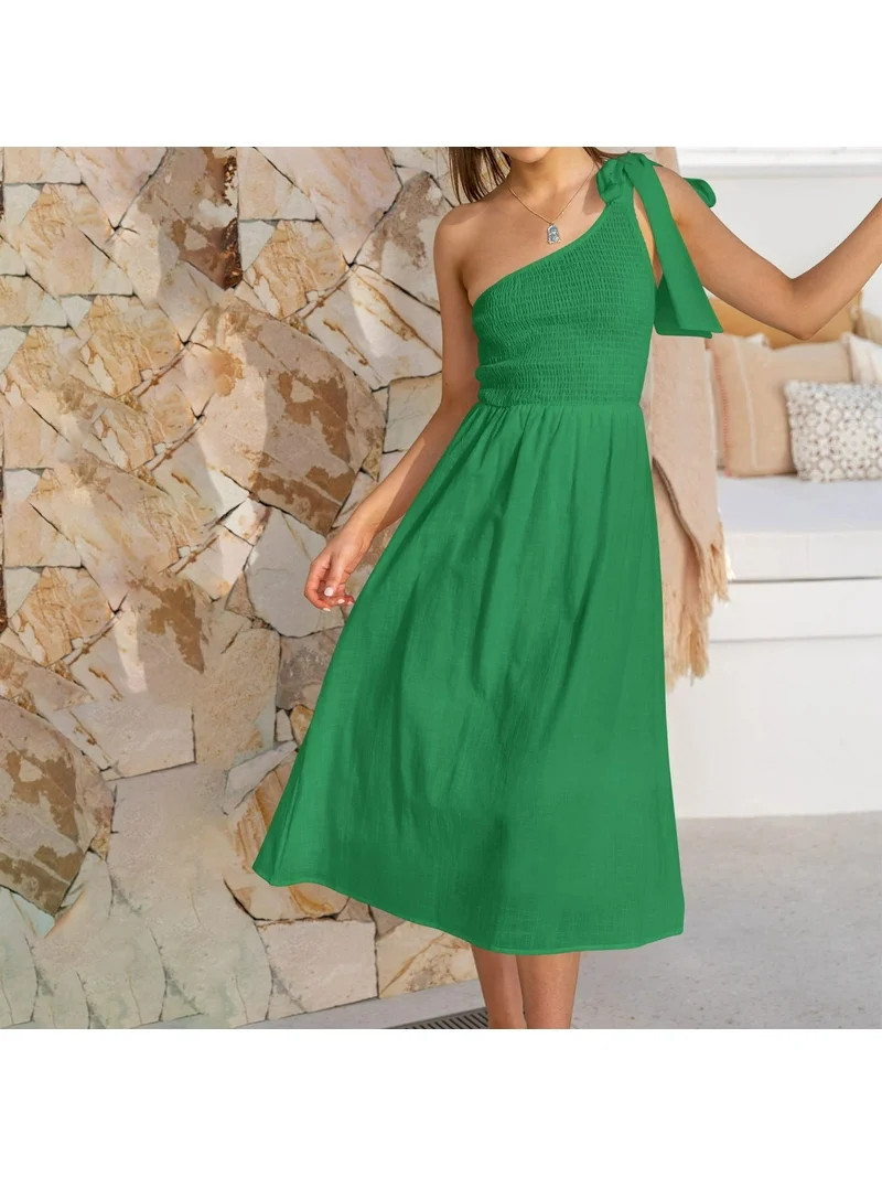 Womens One Shoulder Maxi Dresses Summer Sleeveless Solid Pleated Long Dress Loose Casual Party Be... | Walmart (US)