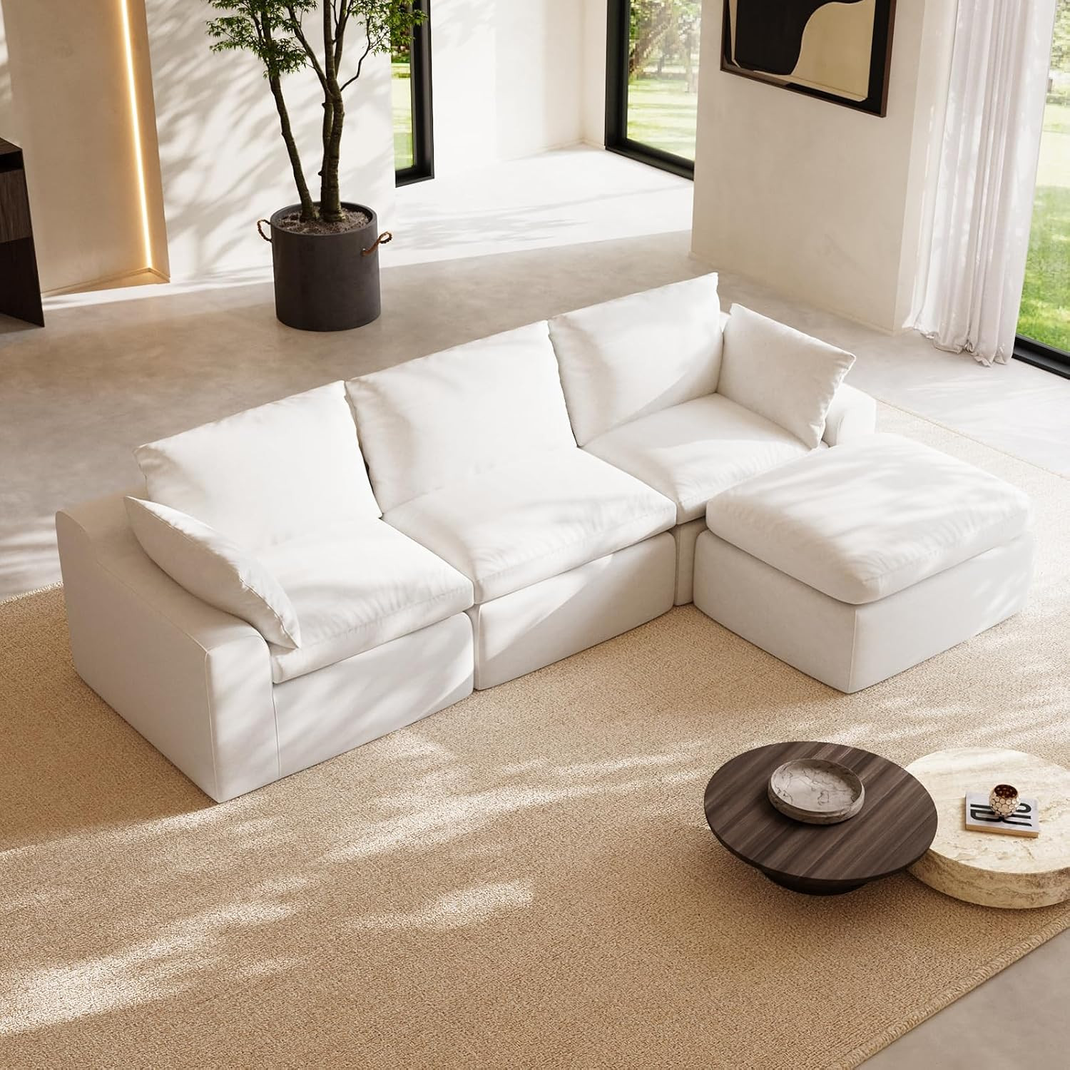 Novilla 104.3" Modular Cloud Couch, Modern Sectional Sofa with Smarts Coil® Support, Chenille Fabric, Upholstered Couch for Living Room Apartments Bedroom, No Assembly, 3 Seater + 1 Ottoman, White | Amazon (US)