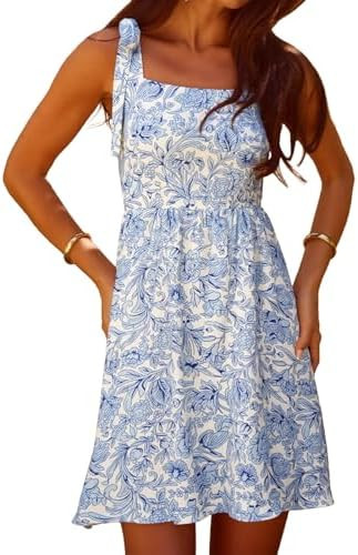 YUNDAI Women’s Floral Tie Shoulder Mini Dress Square Neck Summer Casual Sundress | Amazon (US)