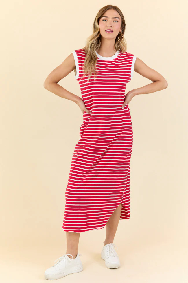 Let It Be Red and White Stripe Knit Midi Dress | Pink Lily