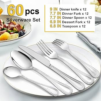 60-Piece Silverware Set for 12, E-far Stainless Steel Flatware Cutlery Set with Pearled Edge, Inc... | Amazon (US)