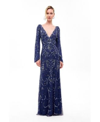 Beauut Women's Deep Neck Embellished Sequins Maxi Dress - Blue | Macy's