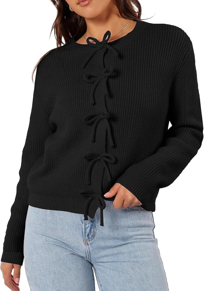 Women's Cardigan Sweaters Bow Button Down Cardigans Fall Fashion Clothes Knit Tie Open Front Coat... | Amazon (US)