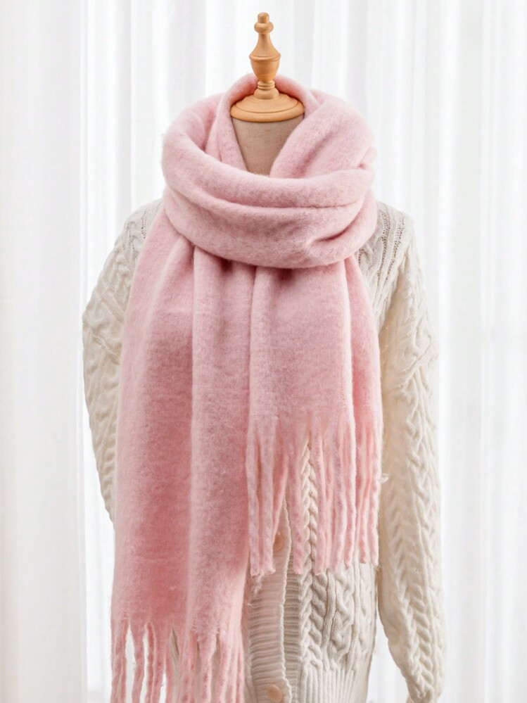 1pc Solid Color Scarf, Winter Warm Neck, Thickened Wool Knitted Thick Fringed Shawl, Can Be Worn | SHEIN