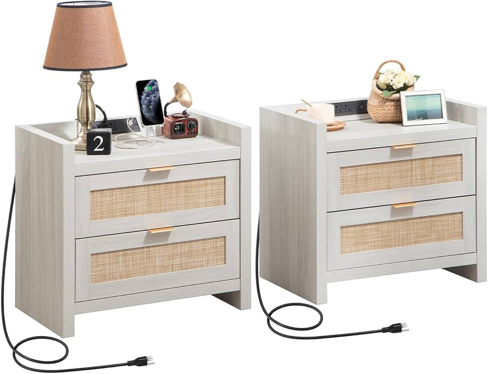 SICOTAS Night Stand Set of 2 Bed Side Table : Rattan Nightstand End Table with Type-C Charging St... | Amazon (US)