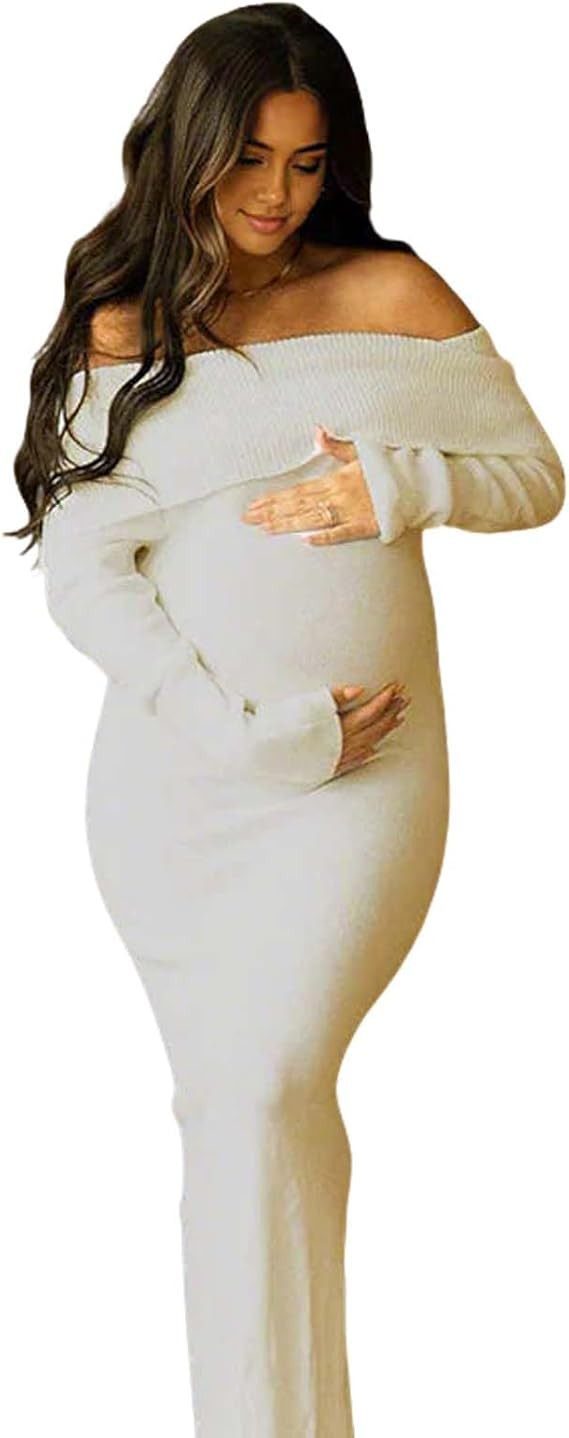 Off Shoulder Knit Bodycon Mermaid Going Out Baby Shower Maternity Sweater Maxi Dress | Amazon (US)