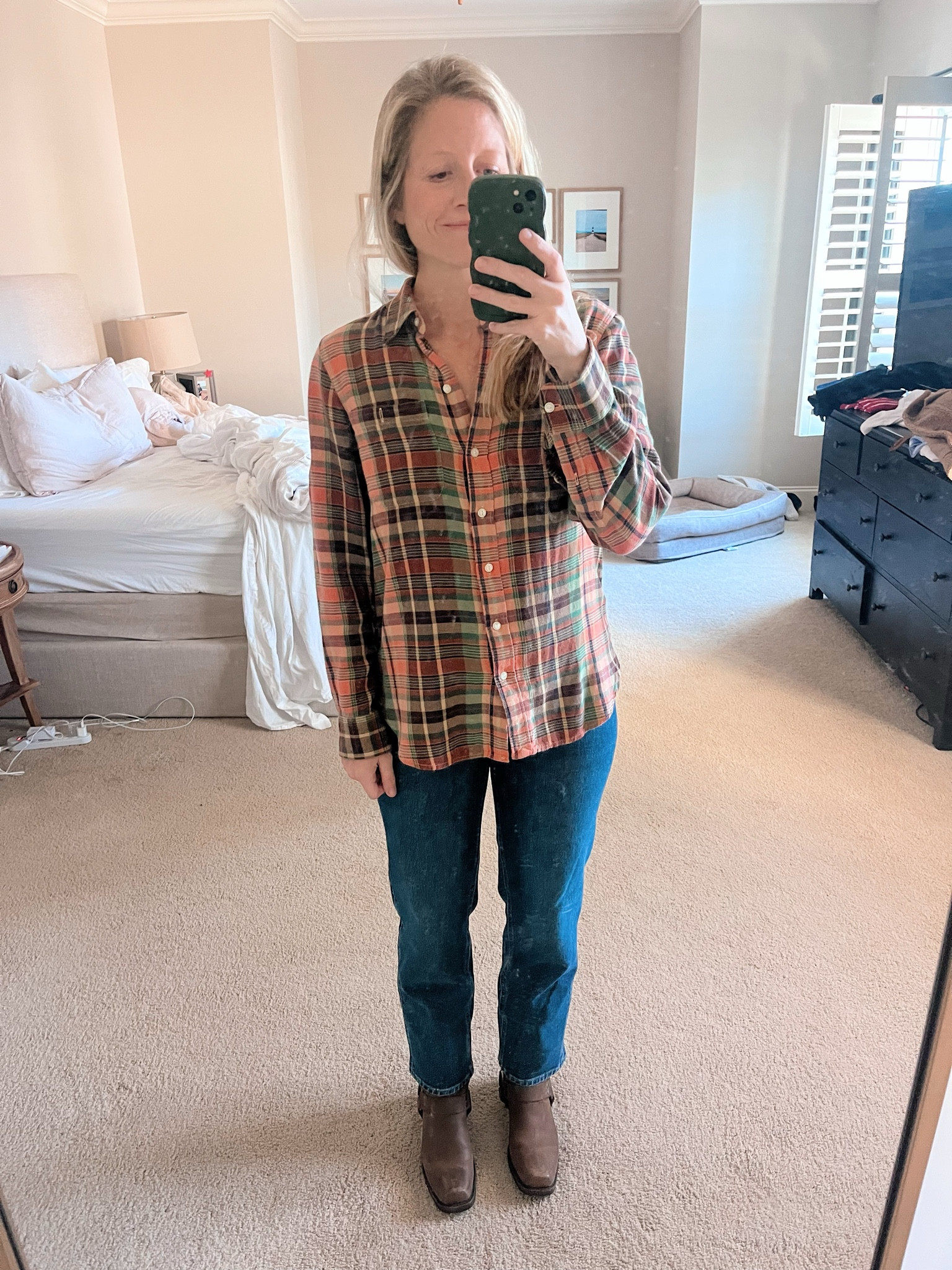 fall plaid buttondown - brown leather frye boots - harness boots

#LTKSeasonal