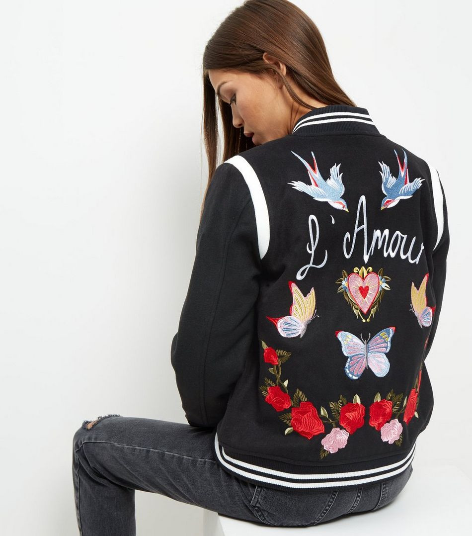 Black Lamour Embroiderd Bomber Jacket | New Look (UK)