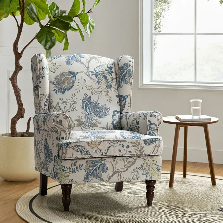 Upholstered Armchair Soft Wingback Accent Chair Turned Legs Home Living Room Bedroom Foam Blue | Walmart (US)
